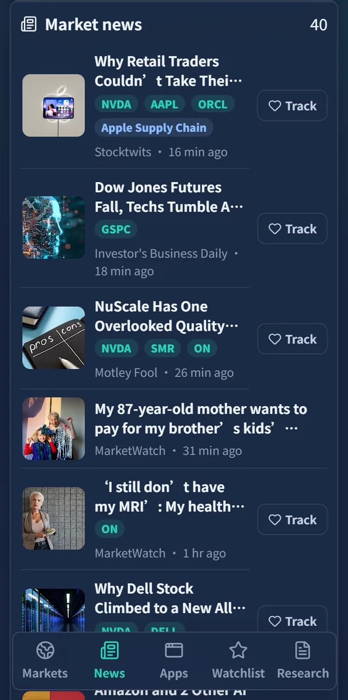 The Insightr news view: each headline carries related-symbol and theme badges, with a one-tap follow button.